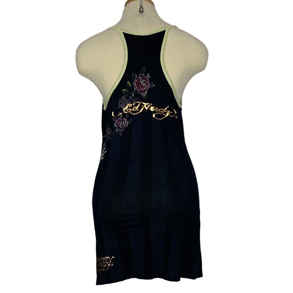 RARE NWT ED HARDY Black Rayon Peacock Rose Tattoo Racerback Dress Y2K M - Picture 7 of 15